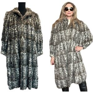 Black’s Furs Couture black gray cream long sleeve rabbit fur coat Sz XL